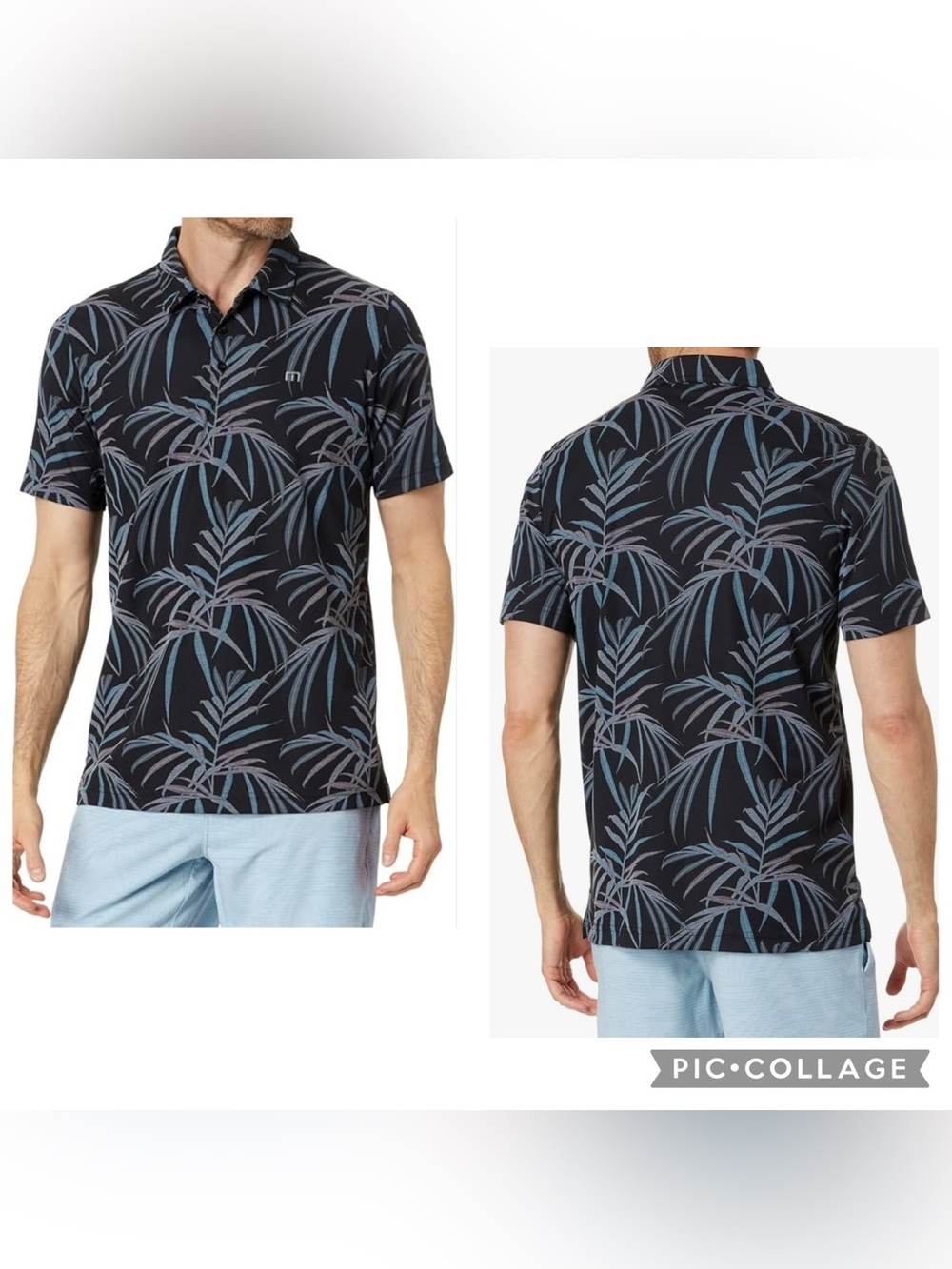 TRAVIS MATHEW Men’s Black Palm Print BUZZ WORDS Golf Polo Shirt Size Medium
